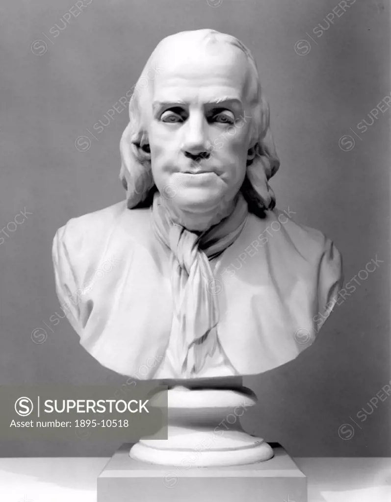 Plaster bust. Benjamin Franklin (1706-1790) trained as a printer, first in his family´s firm in Boston, and later in England. He became a notable publ...