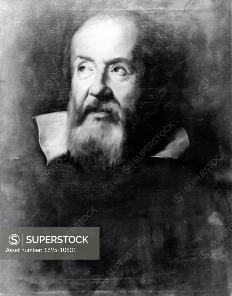 Portrait in oils by A S Zileri,1884, after an original by Sustermans of 1635, in the Uffizi Gallery, Florence. Galileo Galilei (1564-1642), one of the...
