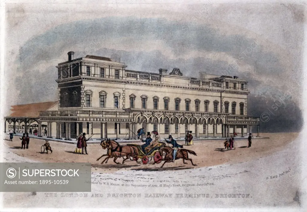 Coloured lithograph of an engraving by G Earp Junior. Brighton Railway Station, designed by David Mocatta (1806-1882), was constructed between October...