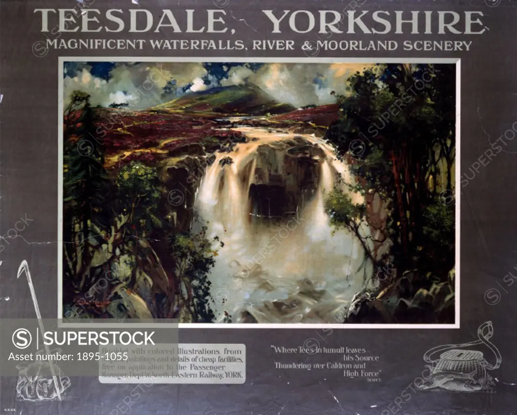 Poster produced for the North Eastern Railway to promote Teesdale in Yorkshire, showing waterfall and moorland scene. Artwork by by Frank H Mason (187...