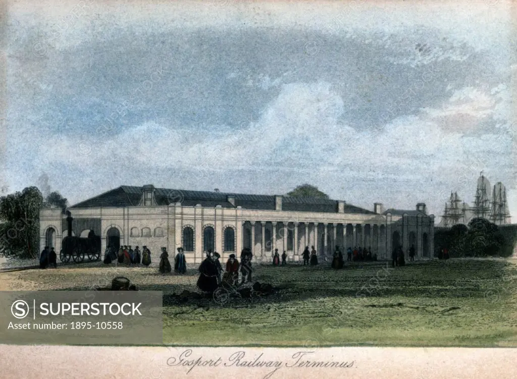 Coloured engraving showing Gosport Railway Station. A boat can be seen behind the station to the right.
