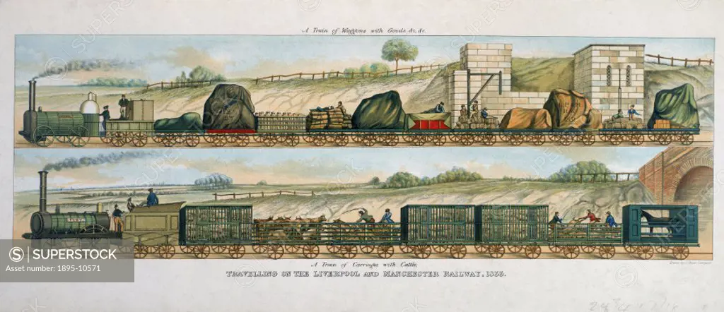 Coloured aquatint engraving by S G Hughes after a drawing by Isaac Shaw, showing the ´Liverpool´ locomotive hauling a train of goods wagons, and the ´...