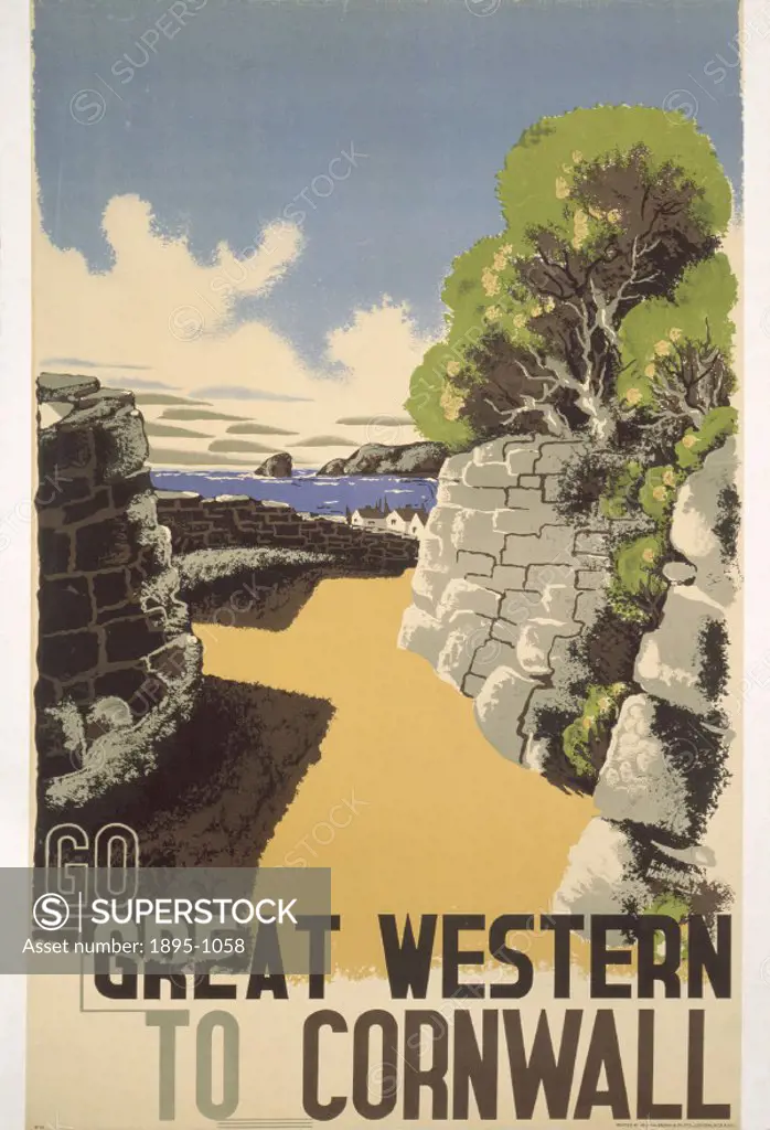 Poster produced for the Great Western Railway (GWR) to promote rail travel to Cornwall. The poster shows a view of a sandy path lined with stone walls...