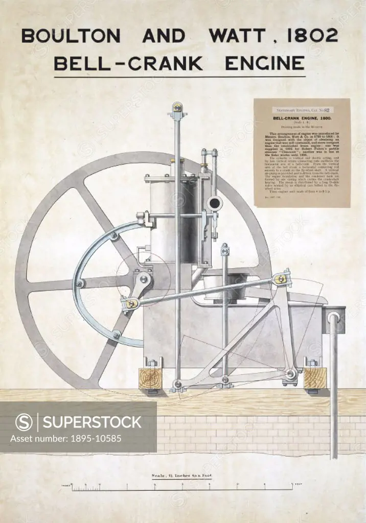 Scale drawing of an engine built by James Watt (1736-1819) and Matthew Boulton (1728-1809), designed to be more self-contained and compact than the es...