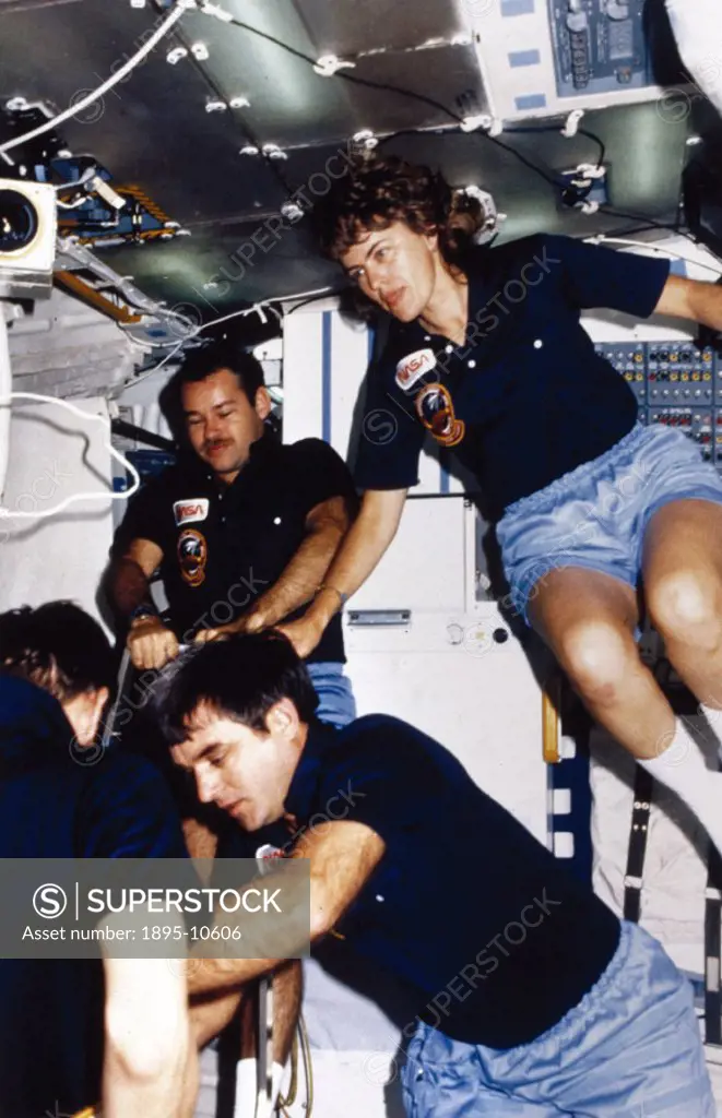 Members of the crew of Discovery Mission 51-G, are shown experiencing weightlessness in the pressurised area of the Shuttle. Mission 51-G, launched on...