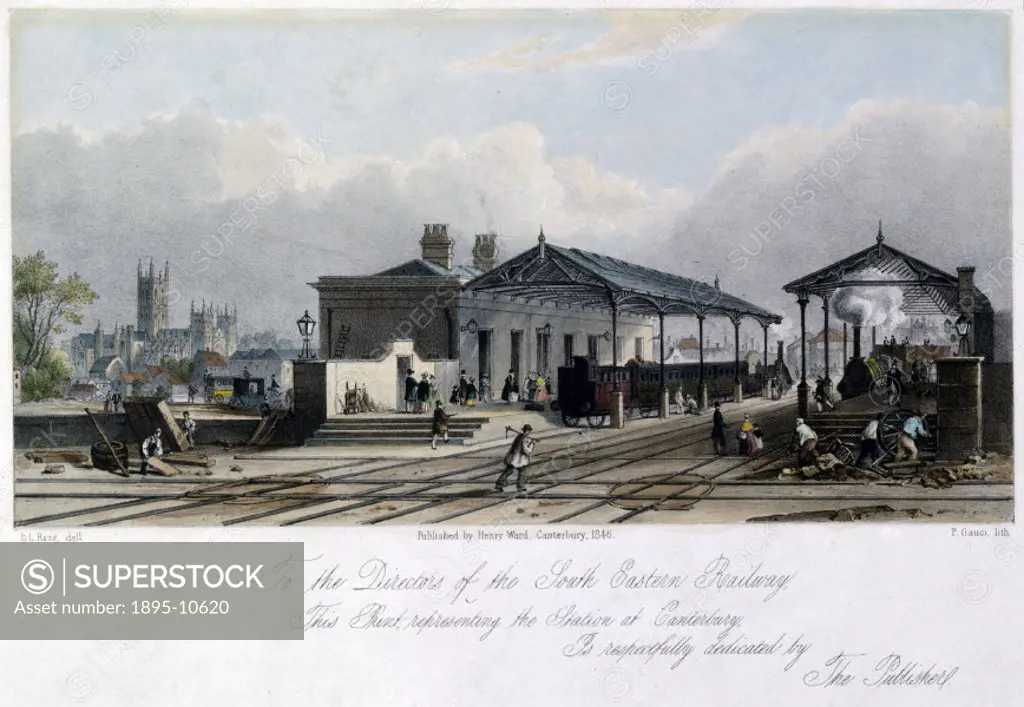 Coloured lithograph by P Gauci after a drawing by L L Raze. Canterbury Station was part of the South Eastern Railway. Locomotives can be scene in the ...