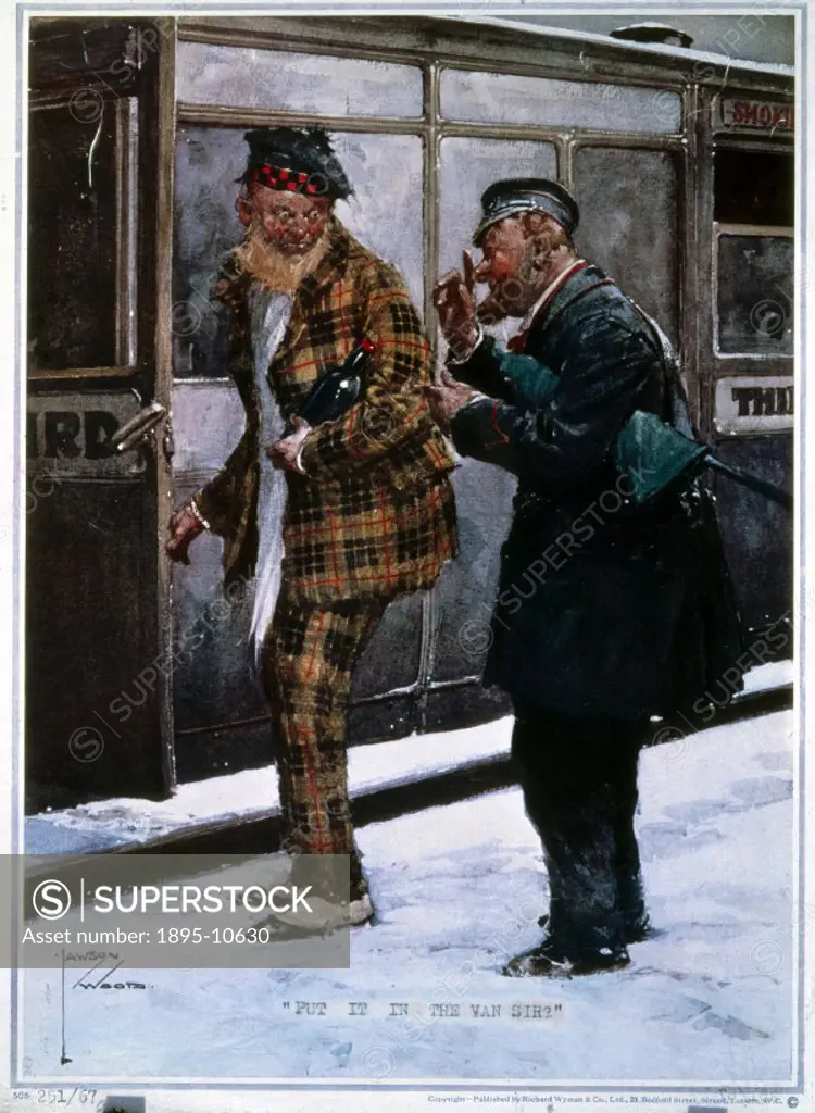 Put it in the Van Sir´. Cartoon showing a Scottish man dressed in a tartan suit about to board a train carrying a bottle of whisky. He is being repri...