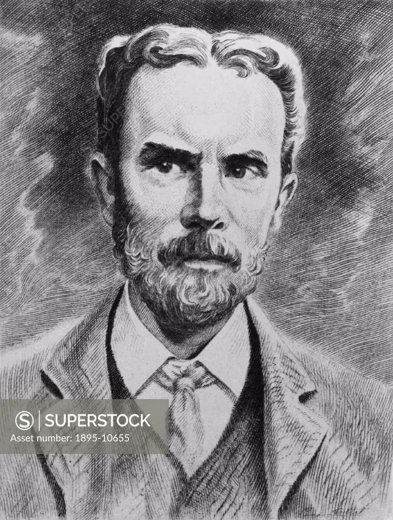 Etching of Heaviside (1850-1925) who was a founder of the theory of cable telegraphy. He predicted the existence of the conducting layer in the earth´...