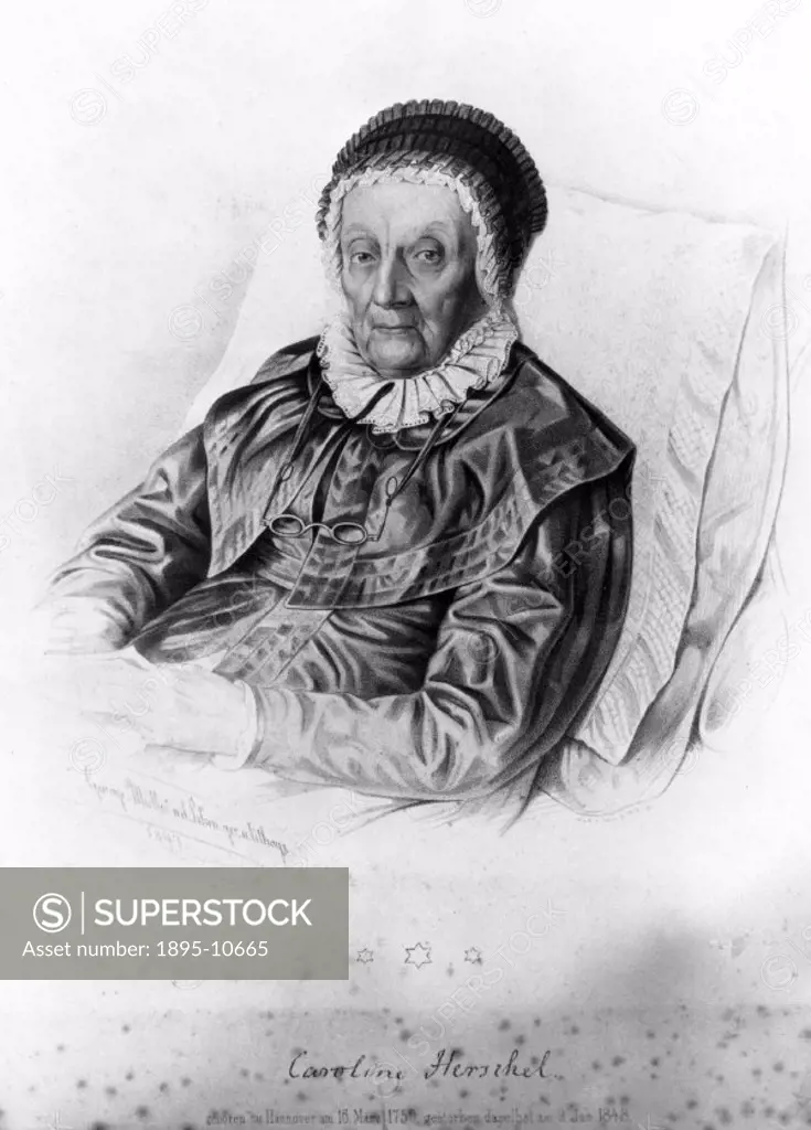 Engraving showing the astronomer Caroline Herschel (1750-1848) in 1841 at the age of 92. Caroline was the younger sister of the famous astronomer Sir ...