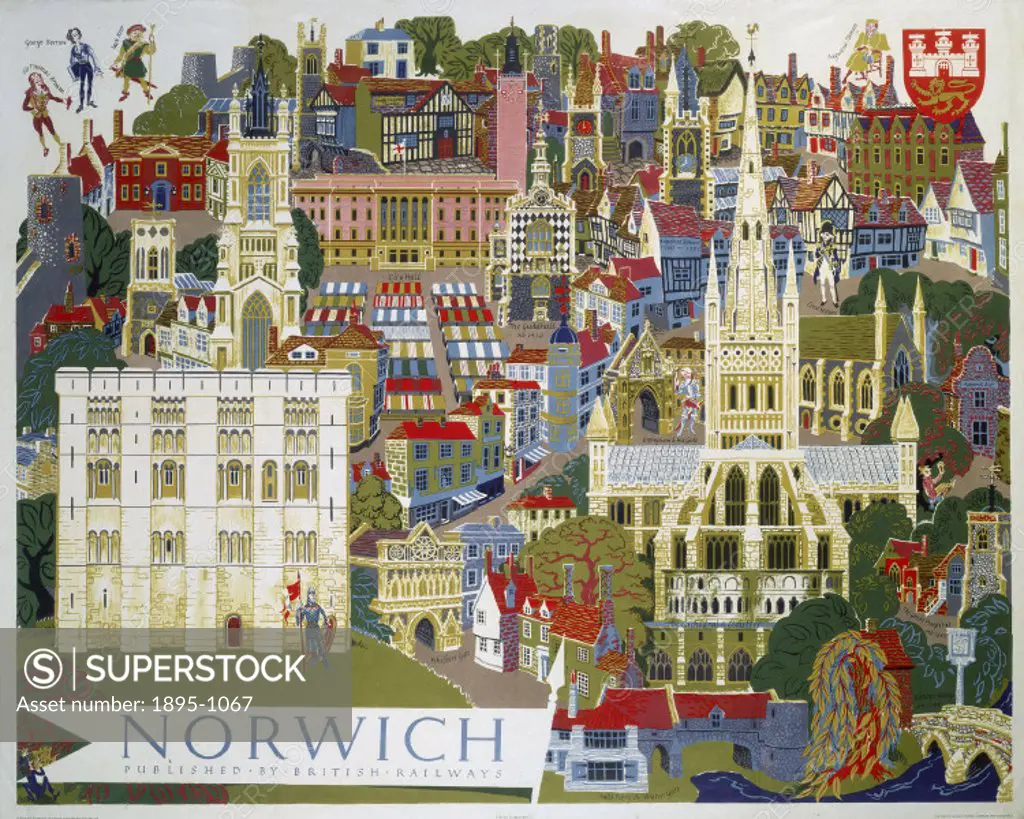 Poster produced for British Railways (BR) to promote rail travel to the city of Norwich, Norfolk. The poster shows a pictorial city view of Norwich´s ...