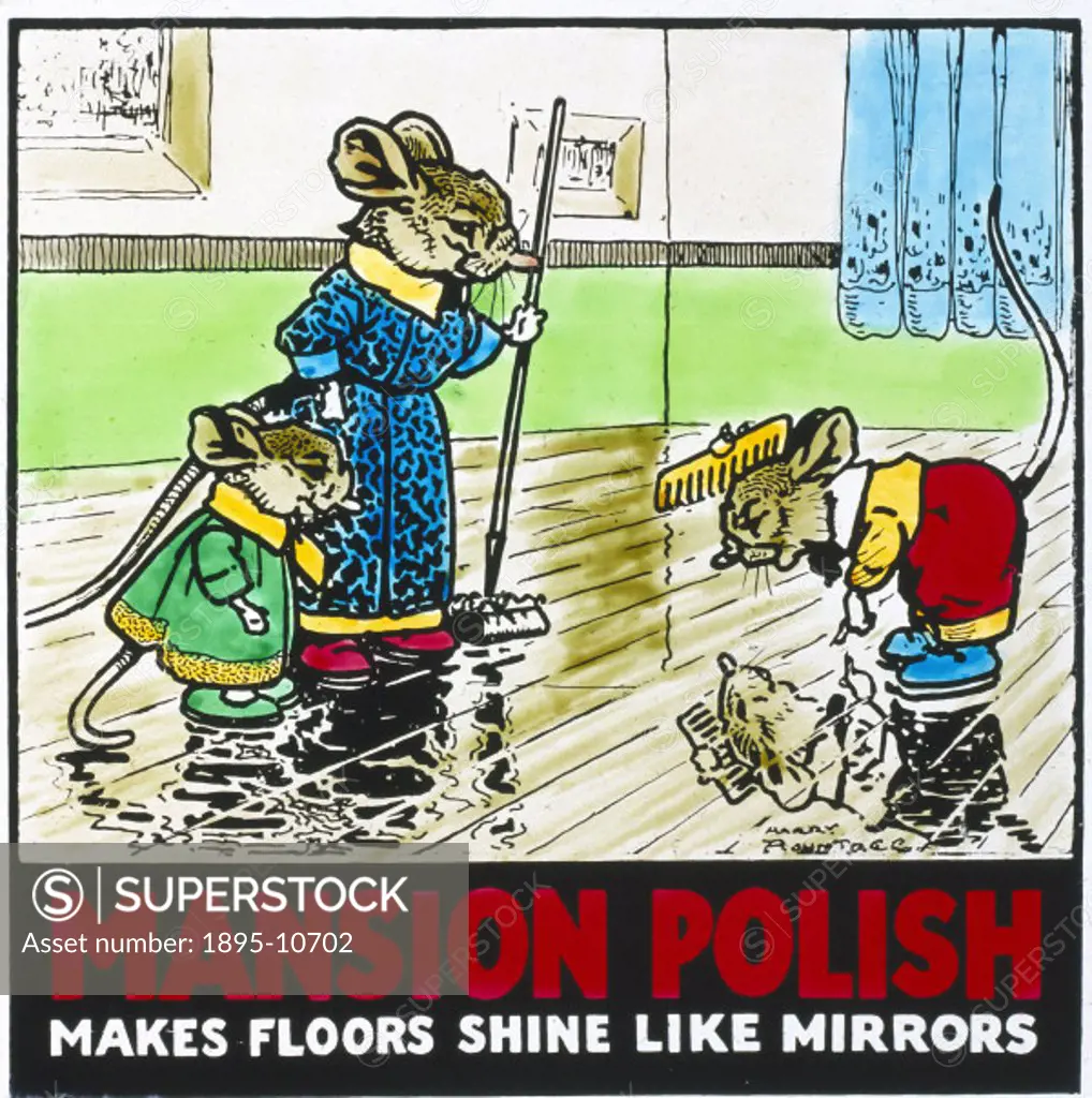 Advertisement for Mansion floor polish, showing a family of mice admiring their reflections in a newly polished floor. This was shown in cinemas throu...