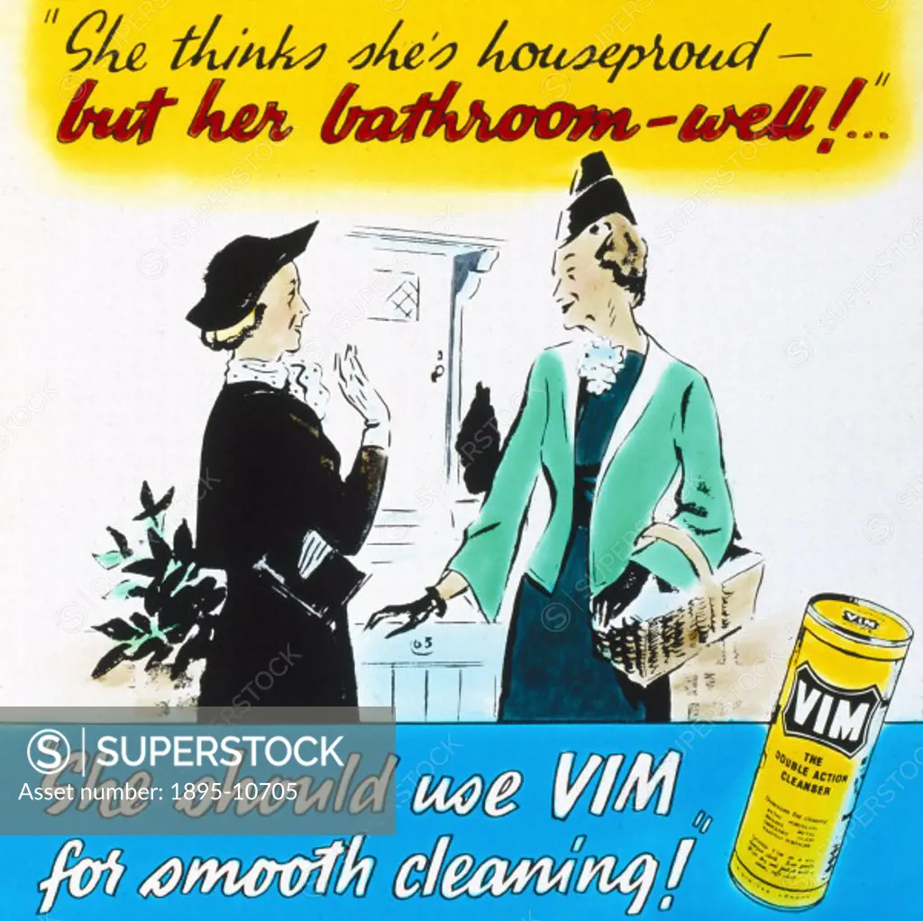 Cinema advertisement showing two women discussing the merits of Vim, an abrasive household cleaner first developed by Lever Brothers in the 1890s and ...