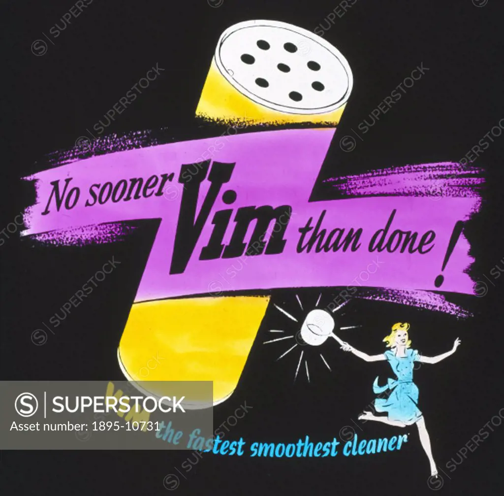 Cinema advertisement for Vim cleaning powder, showing a woman holding a sparkling clean pan. Vim is an abrasive household cleaner first developed by t...