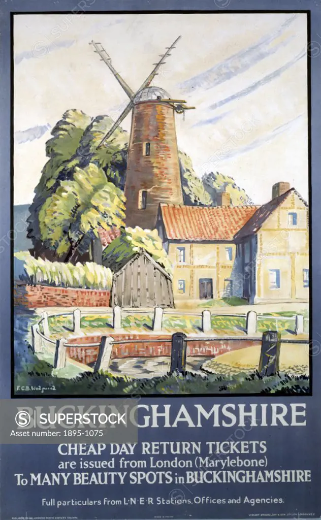 Poster produced for the London & North Eastern Railway, showing a typical red brick 19th century tower mill in rural Buckinghamshire. The LNER Ramblin...