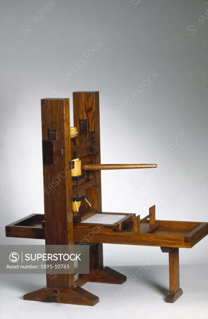 Conjectural model of the press used by Johannes Gutenberg (c 1398-1468). Gutenberg was a German goldsmith who invented a method of making type of indi...
