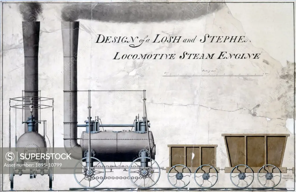Drawing of a steam locomotive with a 56 horse power steam engine designed by James Watt (1736-1819). In the early 1820s, the railway engineer, George ...