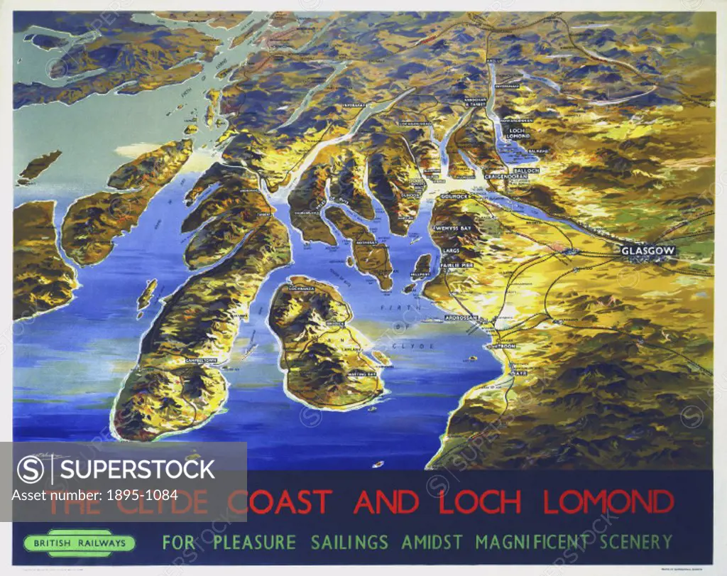 Poster produced by British Railways (BR) to promote rail travel to Loch Lomond and the Clyde Coast of Scotland for pleasure sailings amidst magnifice...