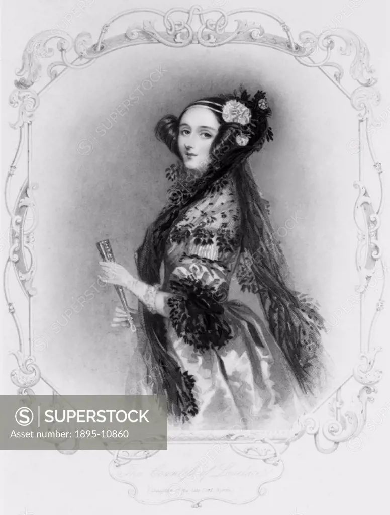 Stipple engraving after a watercolour portrait by Alfred Edward Chalon (1780-1860) of Ada King wearing evening dress with a mantilla and holding a fan...