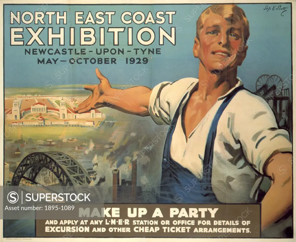 Poster produced for the London & North Eastern Railway (LNER) to promote rail services to the North East Coast Exhibition, held in Newcastle-upon-Tyne...