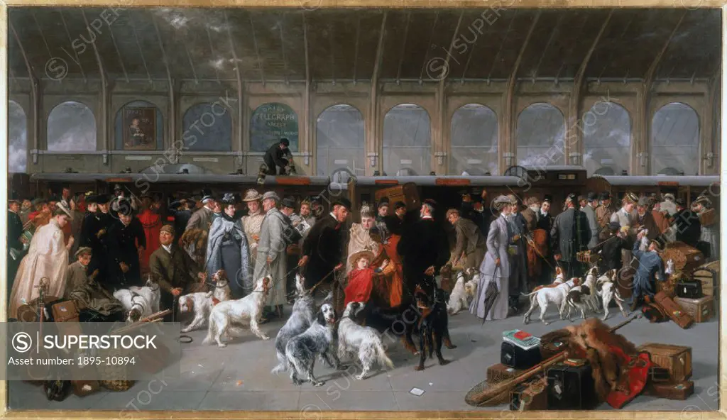 Oil on canvas painting by George Earl. A group of fashionable passengers are gathered on a platform at King´s Cross station, with their dogs, guns and...