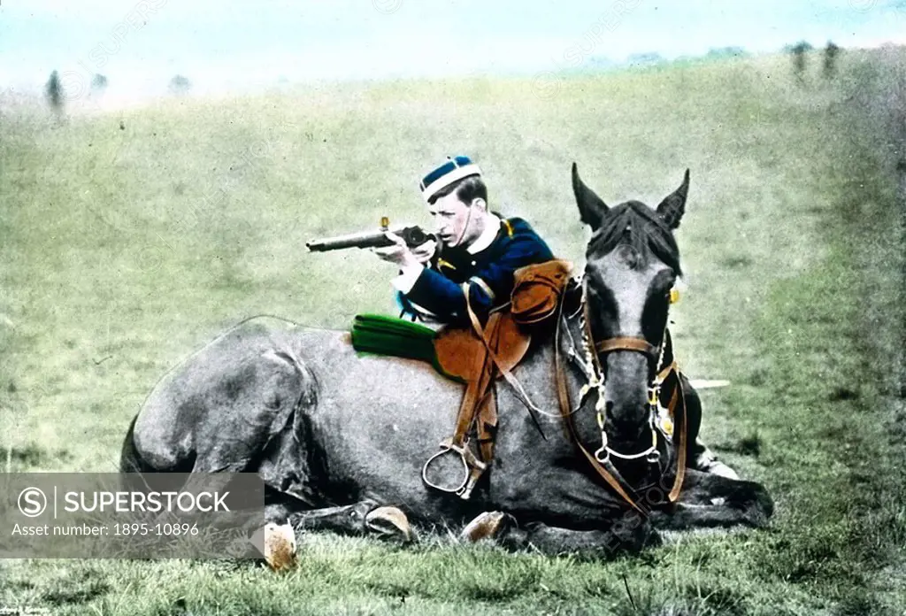 Film still, the soldier is using his seated horse as a barricade  Military subjects were among the first to be used in moving pictures