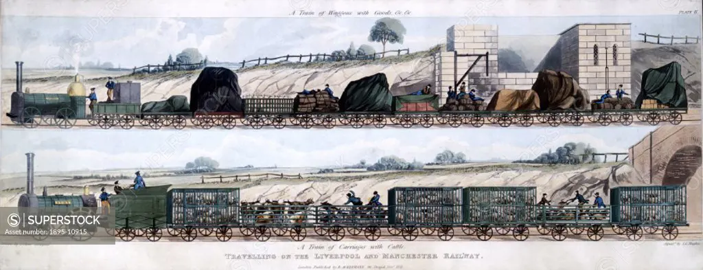 Aquatint, engraved by S G Hughes after a drawing by Isaac Shaw, showing two pictures of trains on the Liverpool & Manchester Railway. The first shows ...