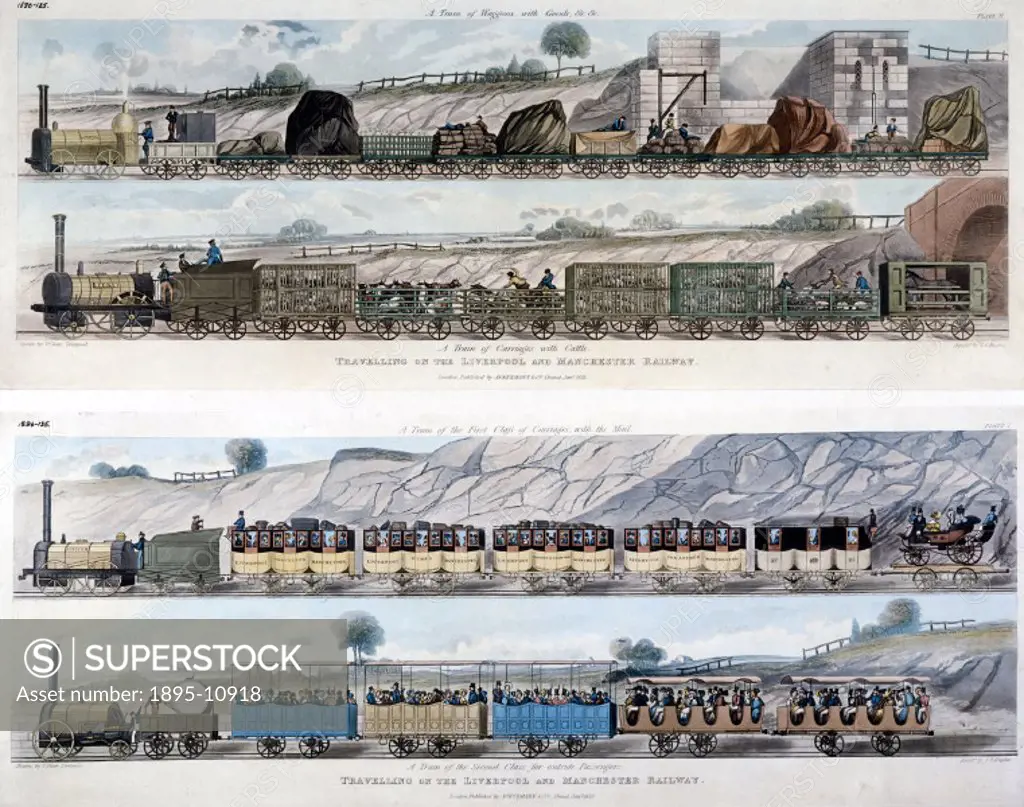 Aquatint, engraved by S G Hughes after a drawing by Isaac Shaw, showing four pictures of trains on the Liverpool & Manchester Railway. The first shows...