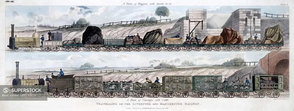 Aquatint, engraved by S G Hughes after a drawing by Isaac Shaw, showing two pictures of trains on the Liverpool & Manchester Railway. The first shows ...