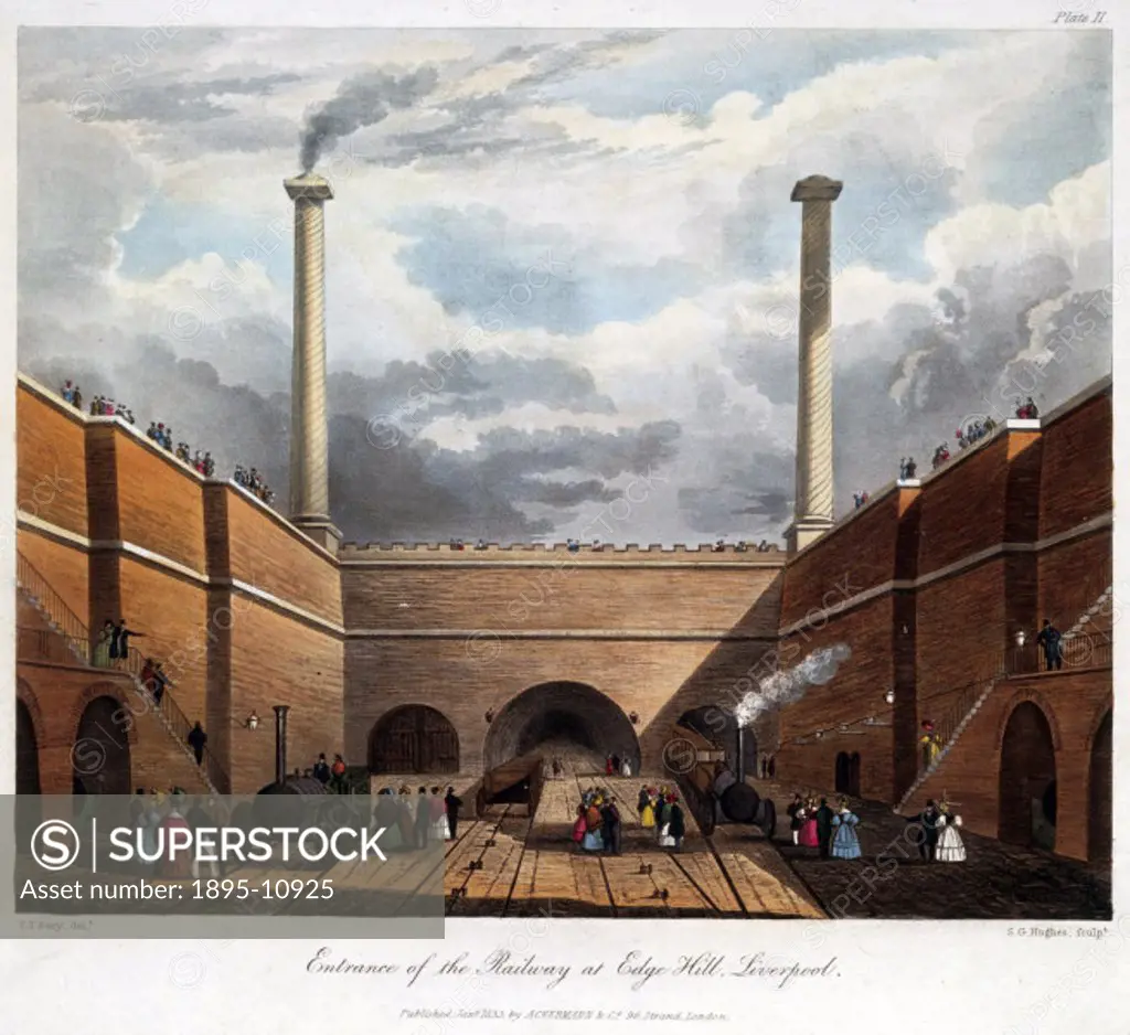 Coloured aquatint by S G Hughes after Thomas Talbot Bury (1811-1877). This tunnel, which ran from Edge Hill to Lime Street, Liverpool, was designed by...