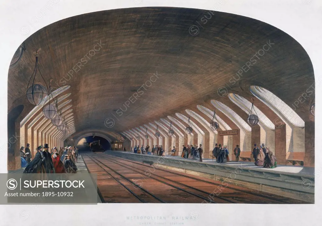 Chromolithograph by the Kell Brothers after their original drawing, showing passengers waiting on platforms at Baker Street underground station. A ste...