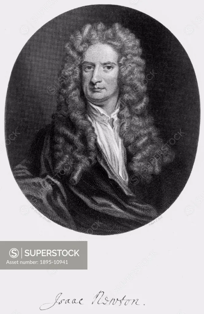 Engraving by Bell after the painting by Sir Godfrey Kneller. Isaac Newton (1642-1727) graduated from Trinity College, Cambridge in 1665, becoming Luca...