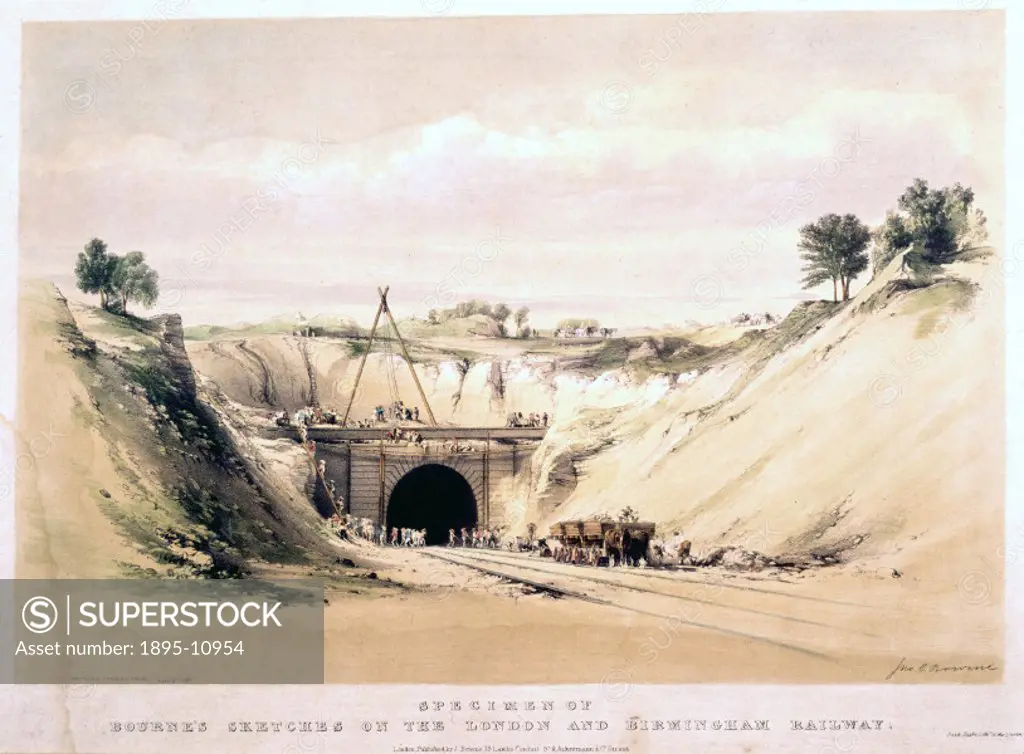 Coloured lithograph by J C Bourne from a series of prints showing the construction of the London & Birmingham Railway (LBR). In 1833 Robert Stephenson...