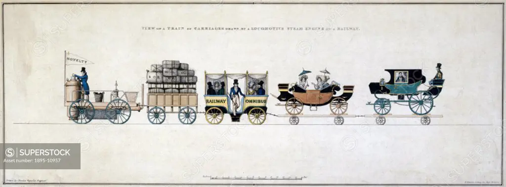 Coloured lithograph by R Martins after an original drawing by Charles Vignoles (1793-1875) showing ´Novelty´ hauling a train of carriages, two of whic...
