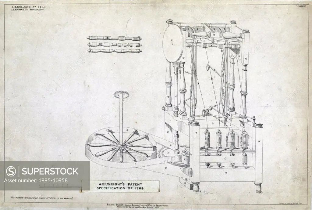 This diagram accompanied the patent specification for Richard Arkwrights (1732-1792) Spinning Machine. The patent (no 931) was granted to Arkwright o...