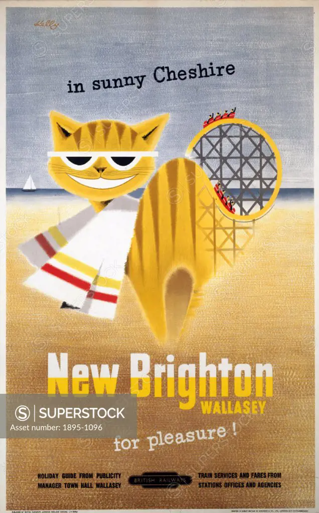 British Railways (London Midland Region) poster of a stylised cat with helter-skelter tail, promoting the resort of New Brighton in Sunny Cheshire’. ...