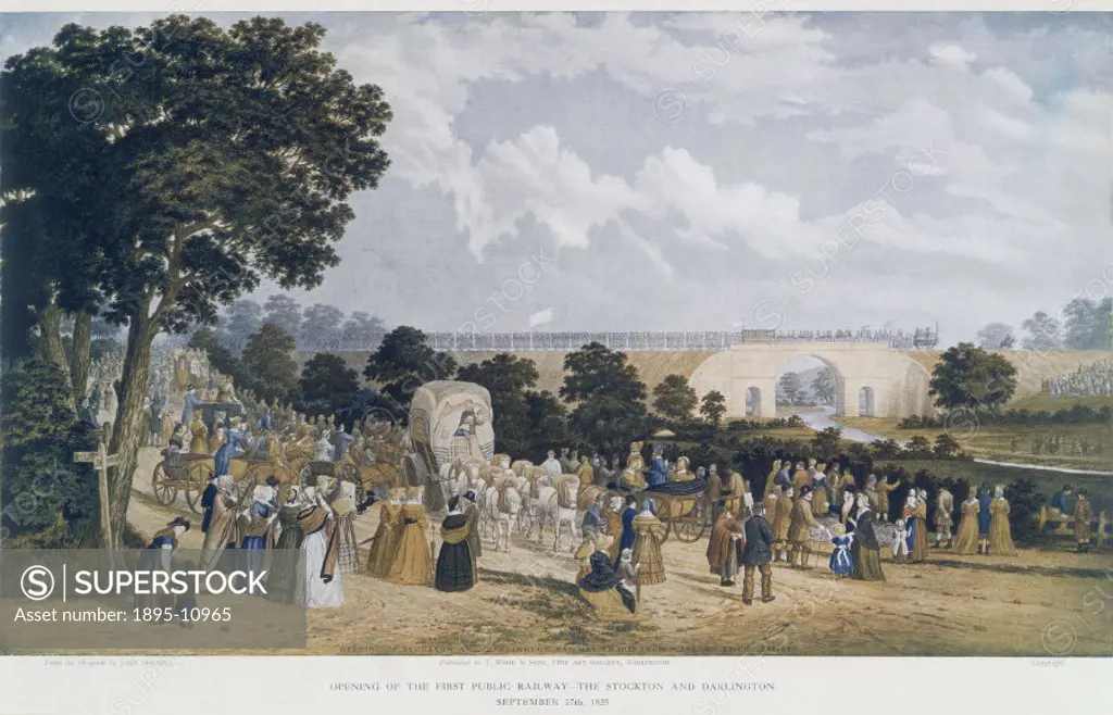 Colour print after a painting by John Dobbin, showing crowds gathered at the opening of the Stockton & Darlington Railway. The S&DR was built under th...