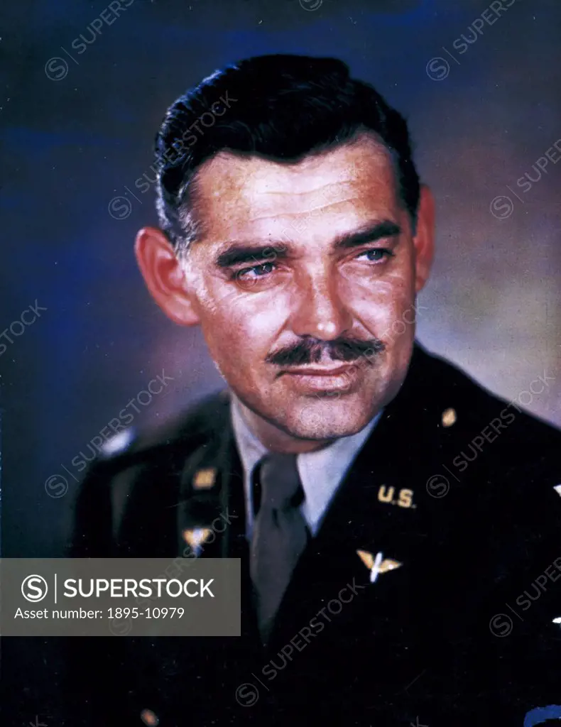 Portrait of American actor Clark Gable (1901-1960) shot on Kodachrome professional film transparency by J C A Redhead. Gable flew on combat missions a...