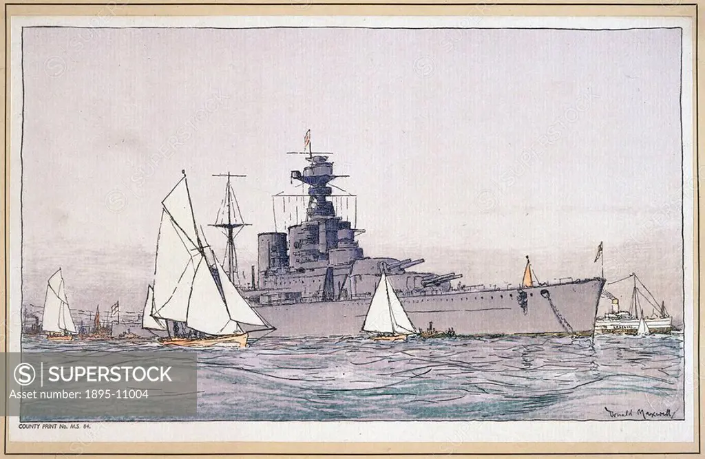 HMS Hood, Portsmouth, SR carriage print, 1923_1936.Southern Railway carriage print. Artwork by Donald Maxwell.