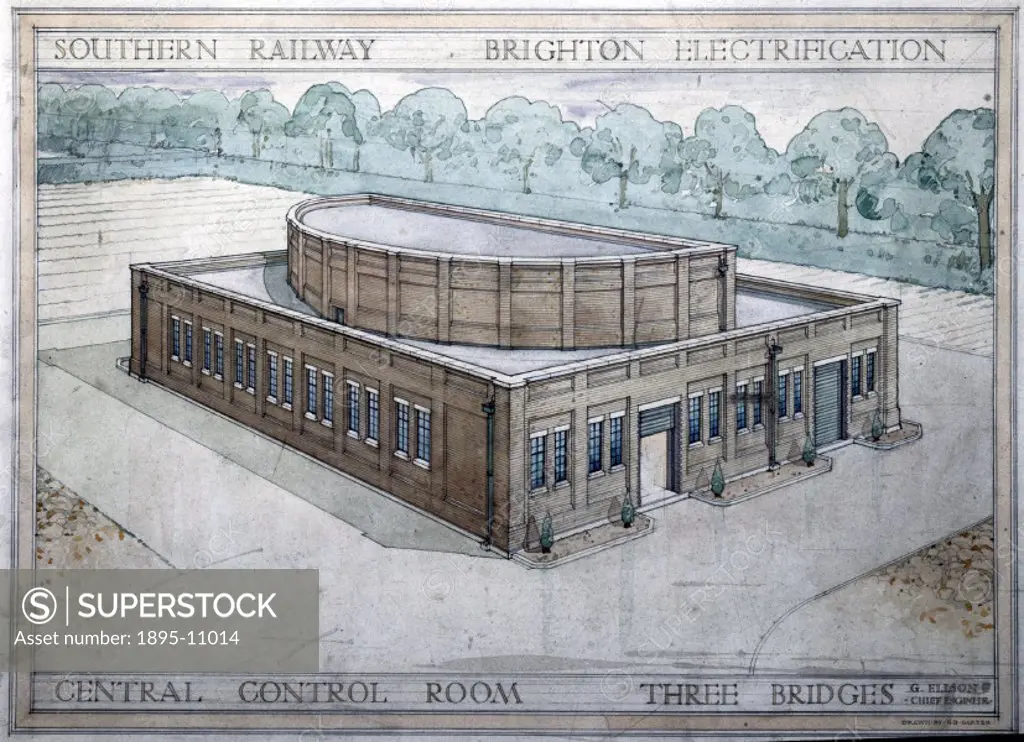 Southern Railway, Brighton Electrification. Central Control Room, Three Bridges. Pencil and watercolour drawing by G D Carter.