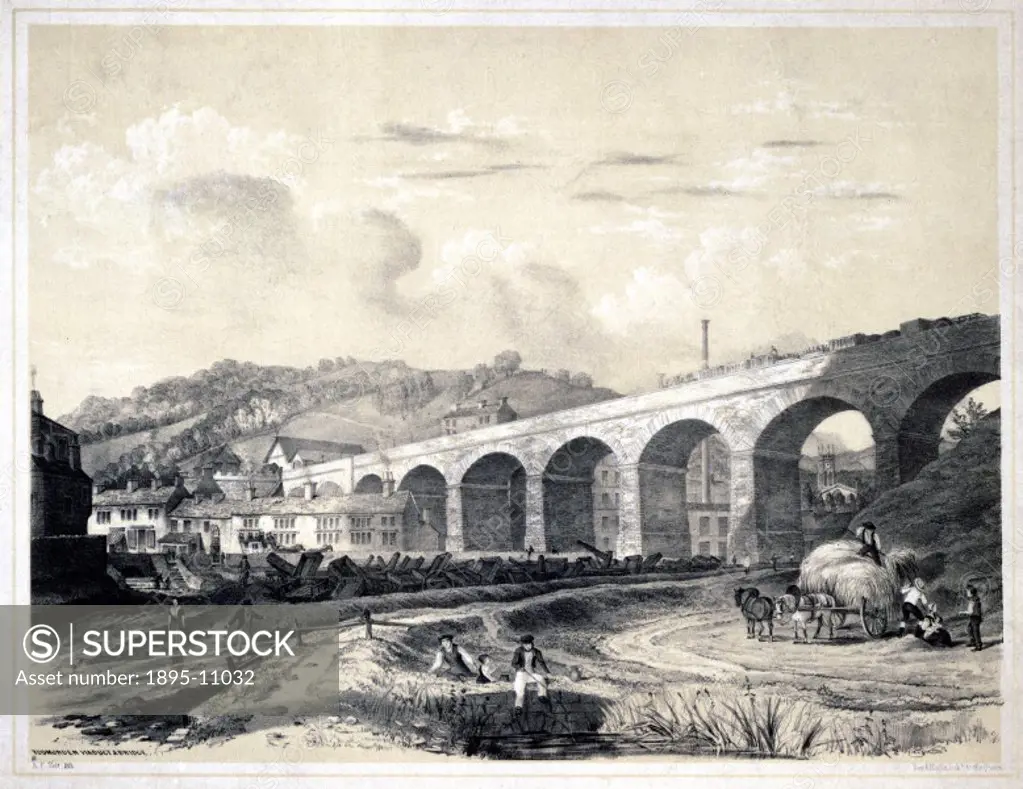 Lithograph, drawn and lithographed by the American-born artist Arthur Fitzwilliam Tait (1819-1905) showing the Lydgate Viaduct on the Manchester and L...