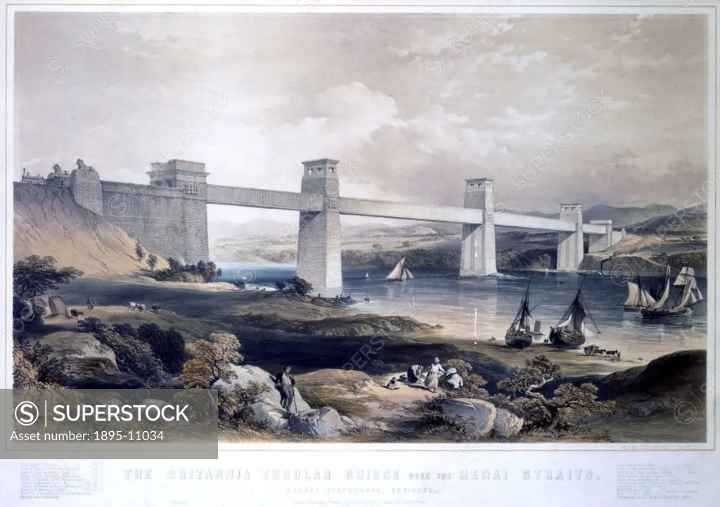 Coloured lithograph (proof copy) drawn and lithographed by G Hawkins. The Britannia Tubular Bridge was designed by Robert Stephenson (1803-1859) and w...