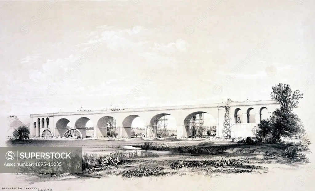 Lithograph, drawn and lithographed by J C Bourne showing a view of Wolverton Viaduct, near Milton Keynes, during its construction. The viaduct over th...