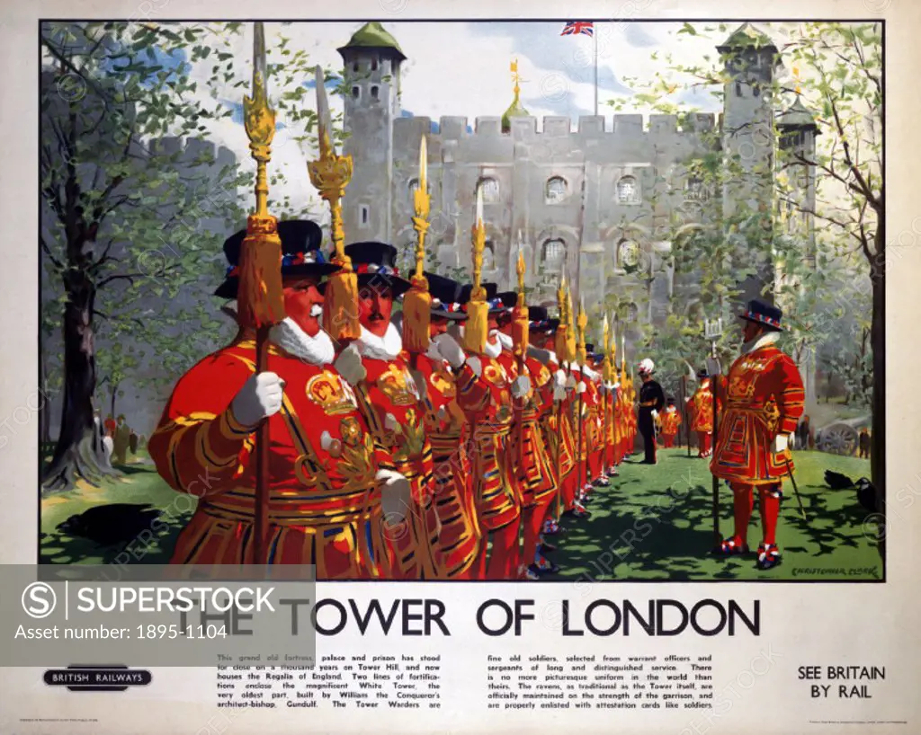 British Railways (LMR) poster showing Beefeaters and ravens with the tower in the background. Artwork by Christopher Clark. xxx