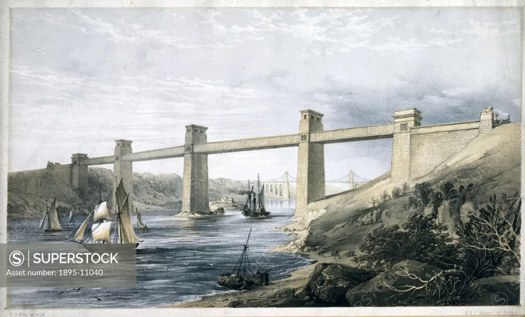 Coloured lithograph, drawn and lithographed by E T Dolby. The Britannia Tubular Bridge was designed by Robert Stephenson (1803-1859) and completed in ...