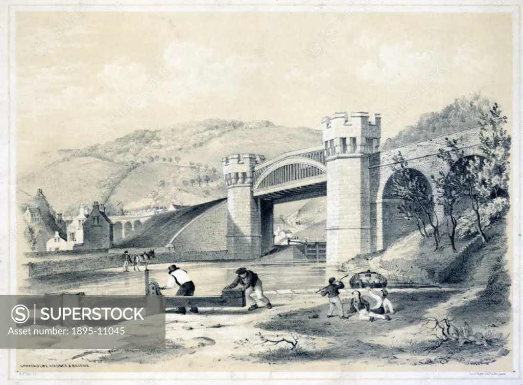 Lithograph, drawn and lithographed by the American-born artist Arthur Fitzwilliam Tait (1819-1905) showing the Gauxholme viaduct on the Manchester and...