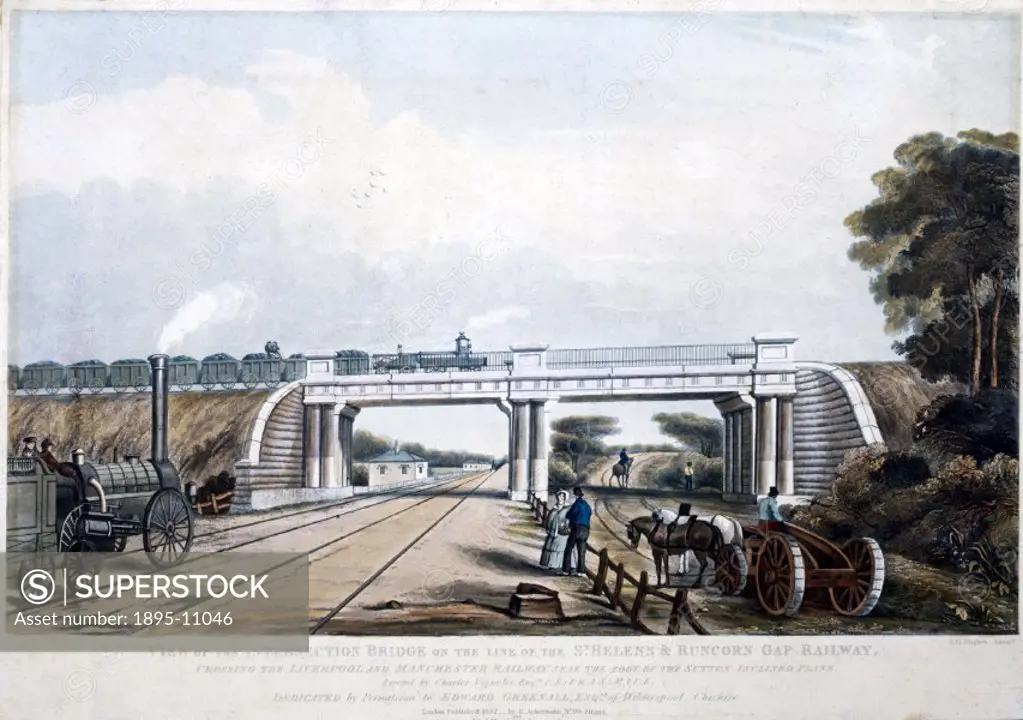 Coloured aquatint, engraved by S G Hughes, showing a View of the Intersection Bridge on the Line of the St Helens & Runcorn Gap Railway crossing the ...