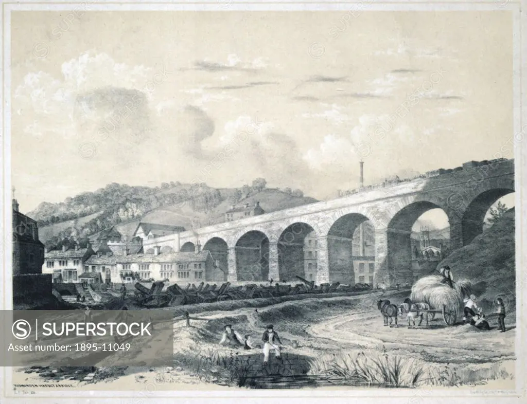 Lithograph, drawn and lithographed by the American-born artist Arthur Fitzwilliam Tait (1819-1905) showing the Lydgate Viaduct on the Manchester and L...