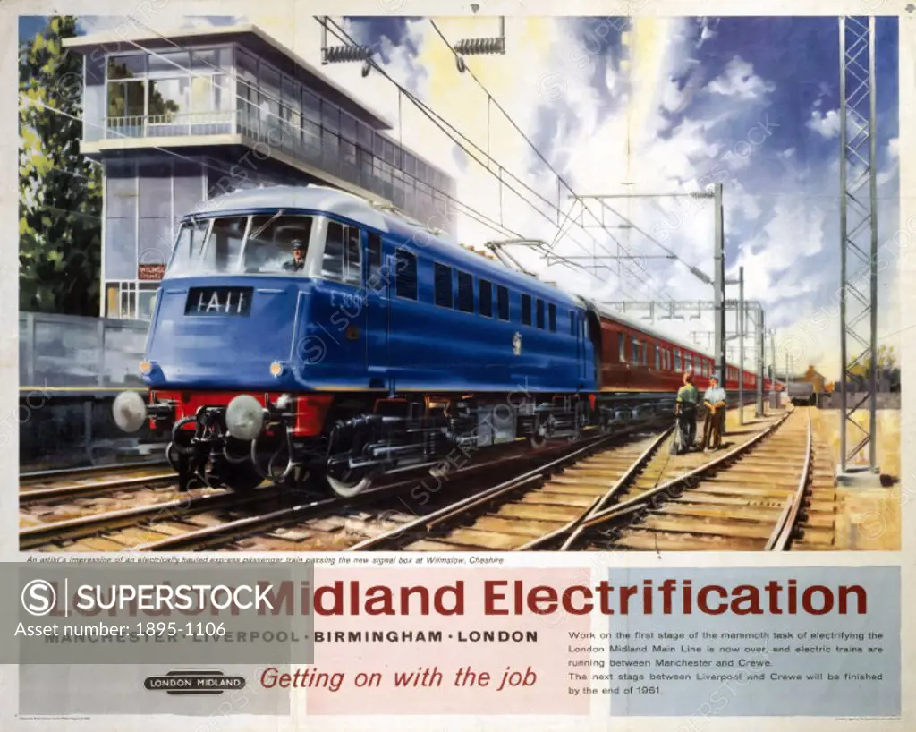 BR(LMR) poster. London Midland Electrification - Manchester, Liverpool, Birmingham, London, by Barber, 1960. Electrically-hauled express passenger tra...