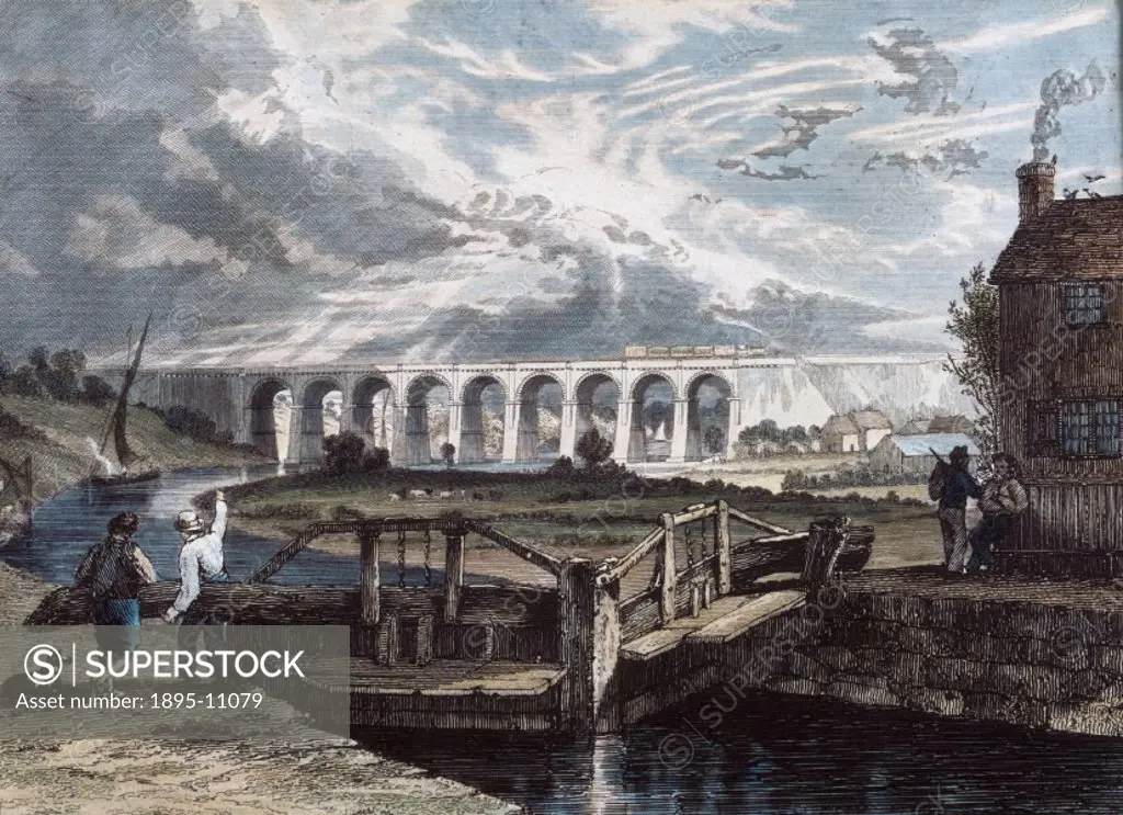 Proof copy of a coloured engraving, drawn and engraved by I Shaw Junior, showing the viaduct across the Sankey Valley, Warrington, Chesire. The viaduc...
