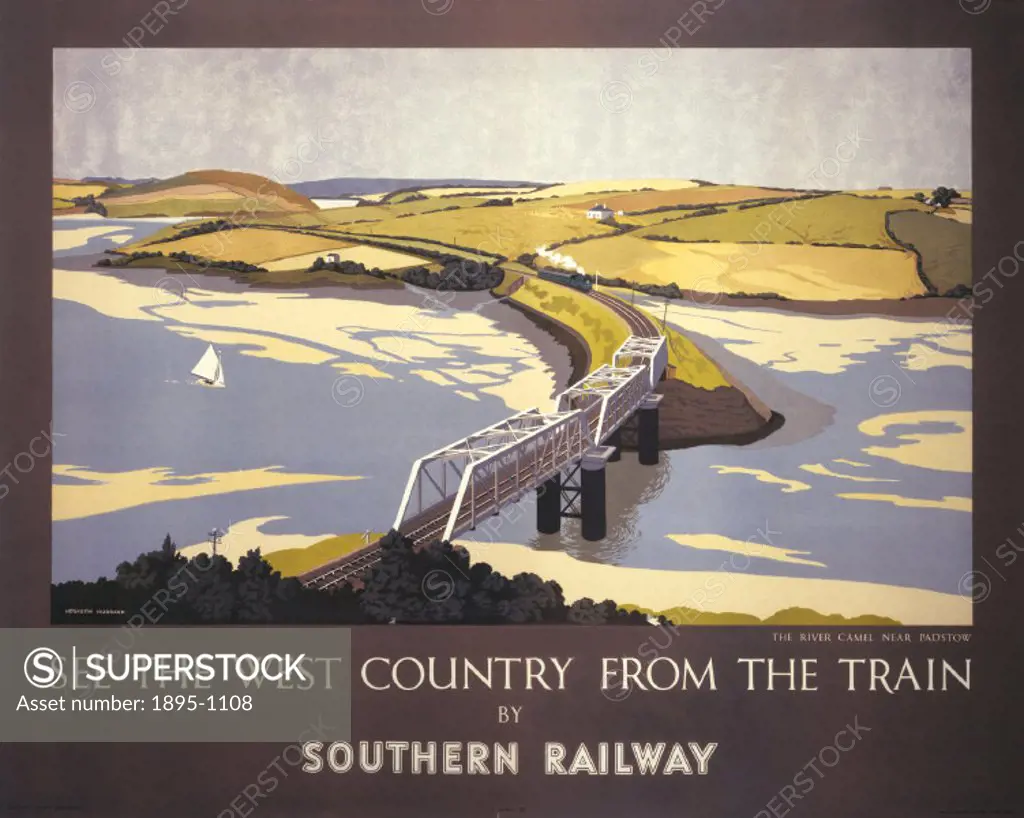 Poster produced for the Southern Railway (SR) to promote rail travel to Cornwall. The poster shows a steam locomotive approaching a girder bridge acro...